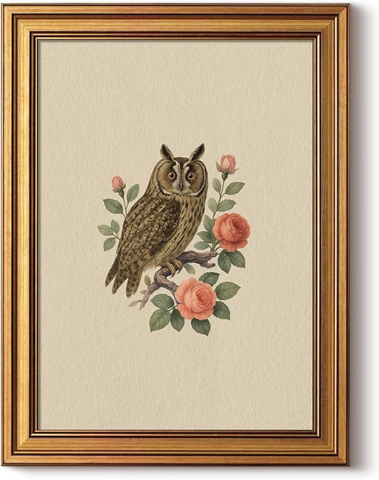InSimSea Gold Framed Canvas Prints Wall Art, Vintage Birds Decor, Birds Owl Roses Paintings Farmhouse Wall Decor Aesthetic, Antique Minimalist Pictures for Bedroom Living Room Shelf, 12x16inch