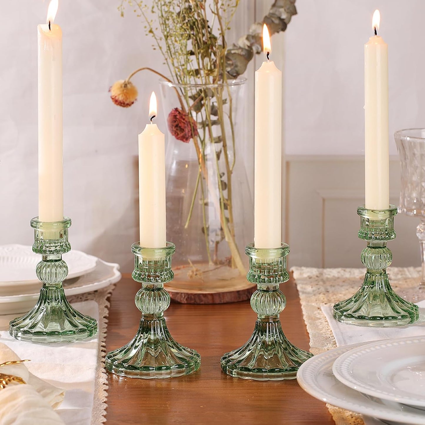 12PCS Green Candlestick Holders Set- 4" H Taper Candle Holders, Glass Candle Holders Bulk for Wedding, Party, Home Table Centerpieces, Festival Gifts & Windowsill Decor