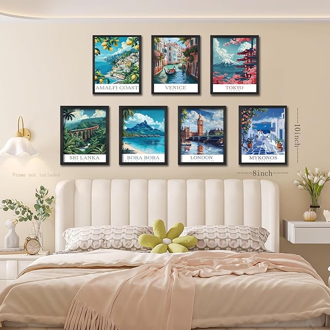 Vintage Travel Cities Posters Wall Art Set of 9,Europe Italy Cities Wall Decor, Trendy Modern The World Travel Canvas Art Prints Painting for Living Room Bedroom Bathroom Home Decor 8x10In Unframed