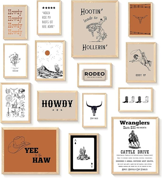 KBKBART Retro Western Wall Art Set – 15 Vintage Cowboy & Desert Prints, Wild West Rodeo and Southwest Decor for Living Room, Bedroom, or Office (Unframed, Multi Sizes, 11"x14" Largest)