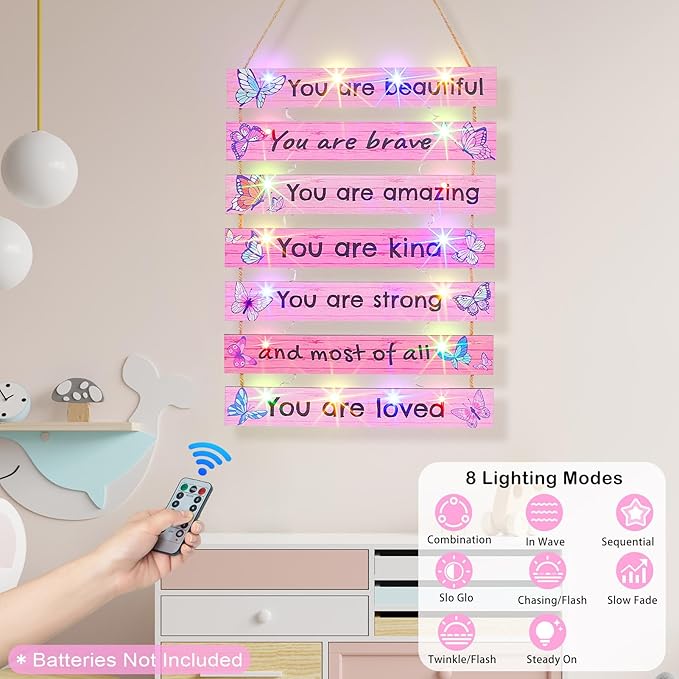 FIOBEE Girls Room Décor for Teen Girls Boys with LED Light Wall Decor for Bedroom Motivational Inspirational Wall Art Girl Room Decoration for Kids Studyroom, 8 Kinds of Lights, Pink Butterfly