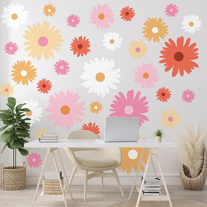 TaoBary 12 Sheet Daisy Wall Sticker Decal Removable Cute Daisy Bedroom Room Decor Flower Wall Sticker Pink White Flower Decal Wallpaper Peel and Stick for Nursery Home(Bright Color,Artsy Style)