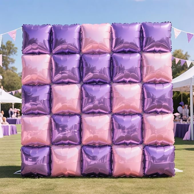 NISOCY 25PCS Pink Purple Square Foil Balloons Wall Backdrop Double Sided Purple Pink Balloons Arch Kit for Birthday Valentine's Day Engagement Bridal Shower Girls Theme Party Decorations