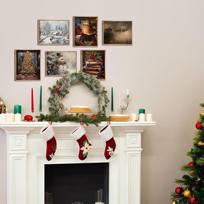 Vintage Christmas Santa Poster Set of 6, Santa Claus Pictures Wall Art Christmas Tree Wall Decor Painting Rustic Holiday Canvas Print Artwork for Living Room Farmhouse 8x10 inch Unframed