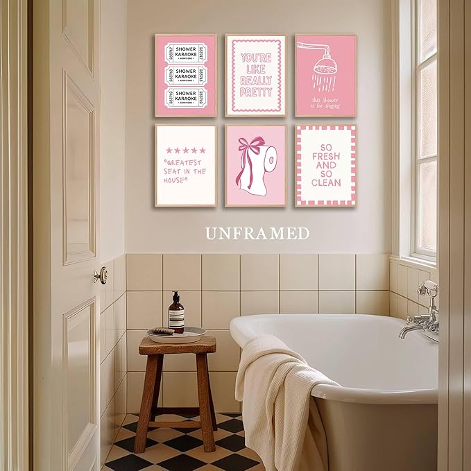 XBQZFLHT Coquette Pink Bathroom Wall Art Funny Shower Karaoke and Toilet Paper Bow Prints Wall Decor Cute Preppy Aesthetic Decor for Girls Washroom Dorm Restroom (8x10in Posters Unframed)