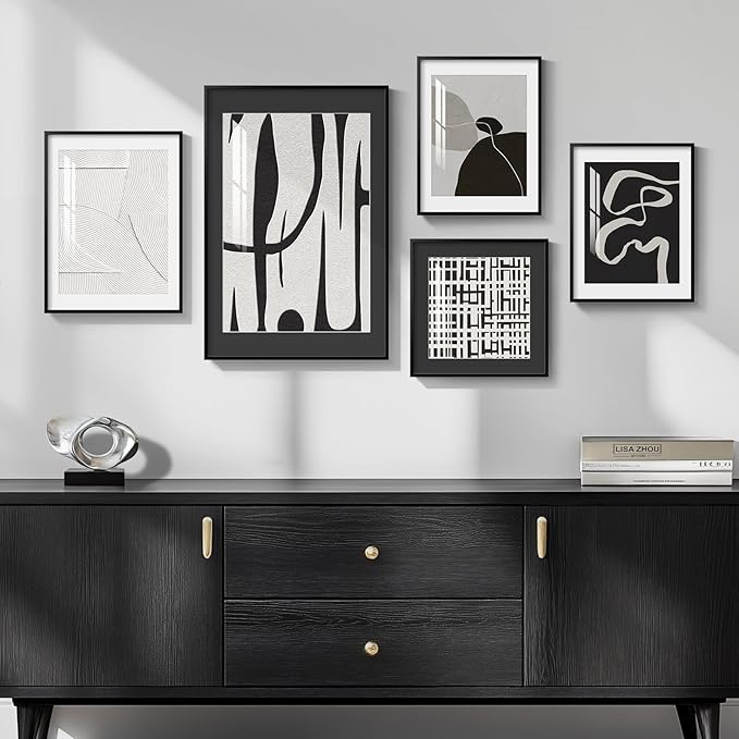 Framed Black and White Abstract Wall Art for Living Room, 5 Piece Modern Prints Paintings Artwork for Walls, Minimalist Black White Pictures for Hallway, Dining Room, Bedroom, Home Office Wall Decor