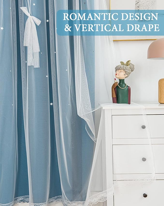 UNISTAR 2 Panels Stars Blackout for Bedroom Living Room Girls Kids Baby Room, Double Layer Star Cut Out Window Curtain, W34 x L63 Inch Length, Turquoise