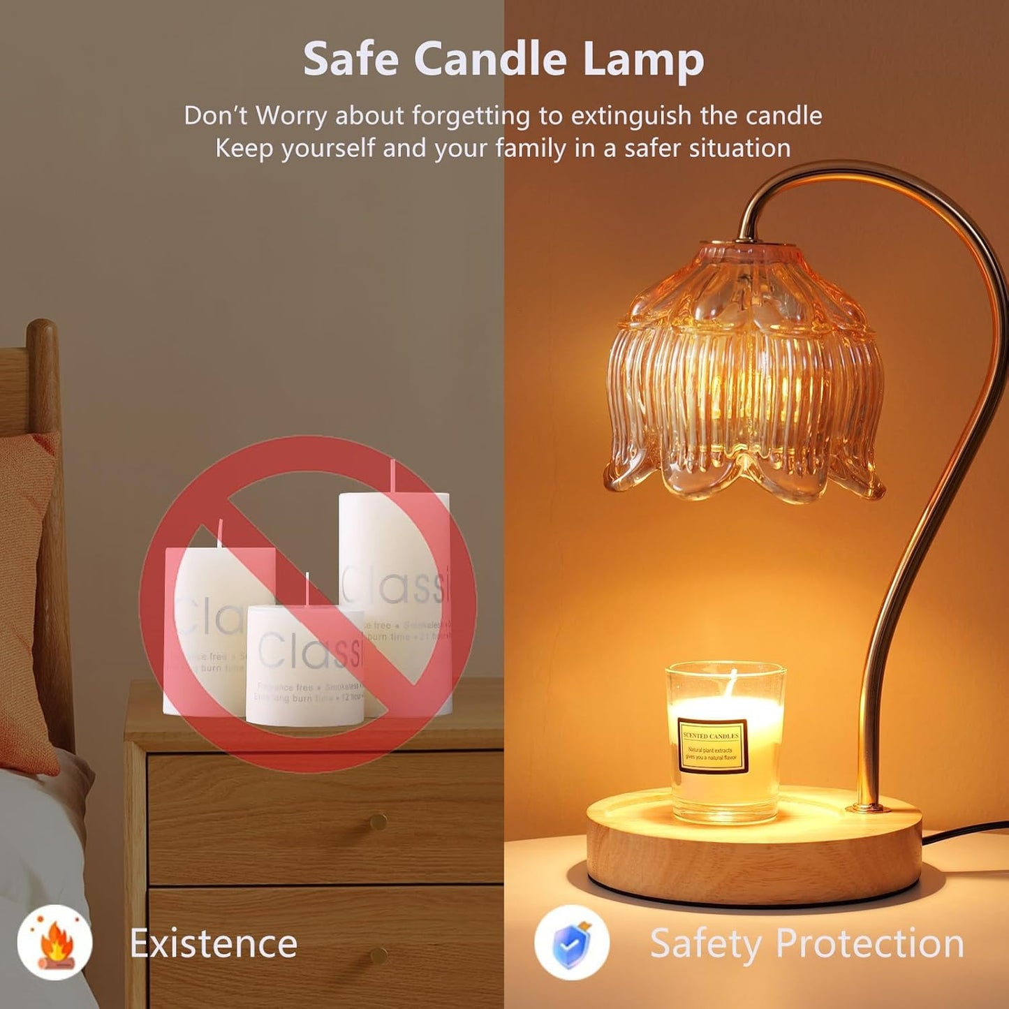 GEEZO Fragrance Candle Warmer Lamp with 2 Bulbs Electric Candle Warmer with Timer & Dimmer for Home Decor Wax Melt for Small Large Size Jar Candles Retro Wooden Base