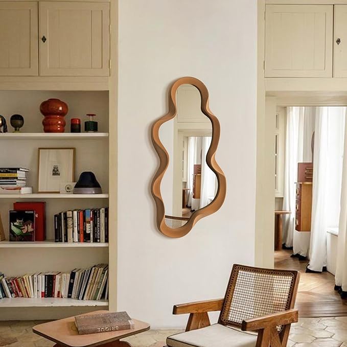 Wavy Mirror Wall Decor for Girly Bedroom, 13.8x29.9 Cute Abstract Decorative Mirrors for Modern Apartment Nursery Room Decoration, Large Hanging Wall Art Above Dresser Desk Table Decor (Brown)