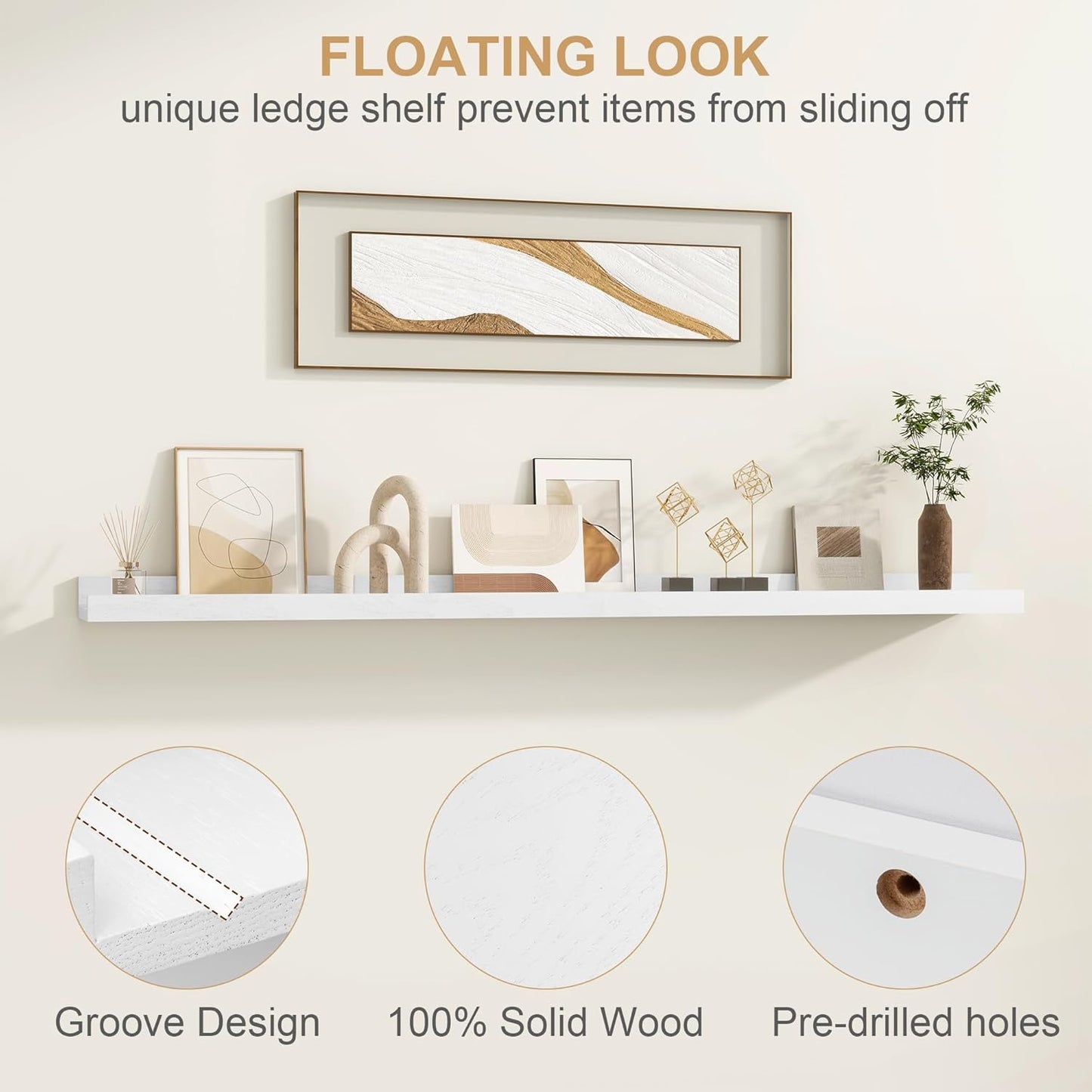 Floating Picture Ledge Shelves 36 Inch Solid Oak Wood Set of 2, Rustic Wall Storage Shelves with Lip, Kids Bookshelf, Photo & Picture Ledge Shelves for Bedroom, Living Room, Kitchen