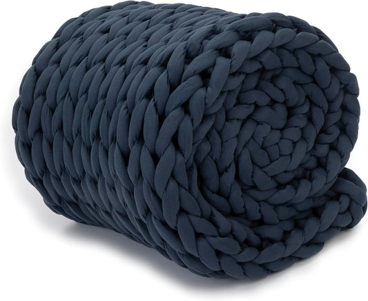 Nuzzie Chunky Knit Blanket - Breathable, Cooling, Hand Made Knit Throw Blanket for Sleep - Machine Washable, Stylish Decor Design (Dusty Blue, Full | 16lbs | 48"x72")