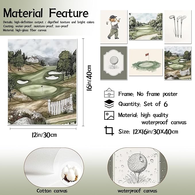 Mynotix Golf Nursery Canvas Poster Set of 6, Vintage Baby Boy Golf Sport Wall Art Teddy Bear Sage Green Kids Wall Decor Print for Living Room Bedroom Children's Room Unframed 12x16 inch