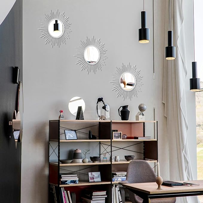 Cityelf 3 Set Sunburst Mirrors for Wall Decorative Metal Mirrors Small Mirror Sets Decor Hanging Mirror Wall Sculpture for Bedroom Living Room Entryway