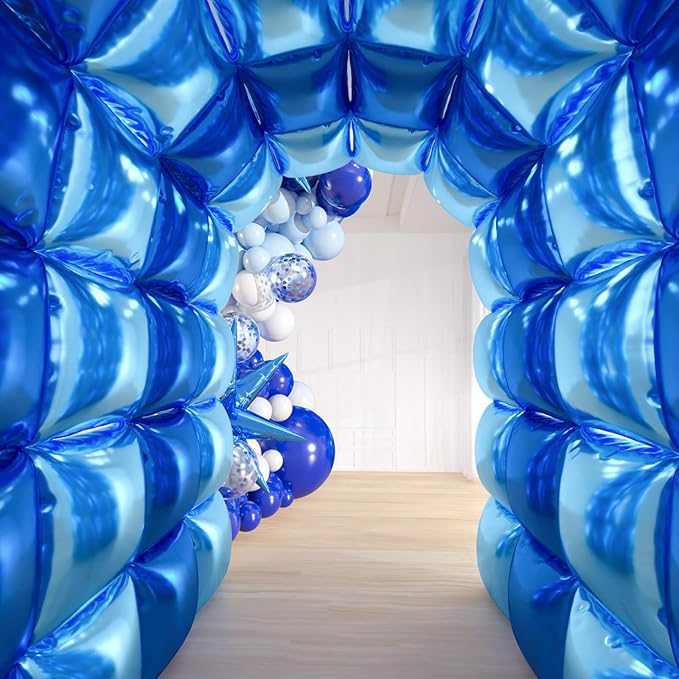 25pcs Royal & Light Blue Foil Square Balloon Wall with 149pcs White and Blue Confetti Balloons Arch Kit, Double Sided Balloon Tunnel with Star Balloons for Birthday, Class of Graduation Backdrop