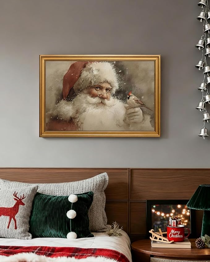 InSimSea Gold Framed Christmas Wall Art, Vintage Canvas Prints Decor, Santa Claus Paintings Large Wall Decor, Rustic Pictures for Winter Xmas Bedroom Holiday Decoration Gifts, 16x24inch