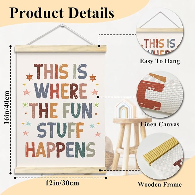 This is Where All The Fun Stuff Happens Posters Hanger Frame for Playroom Boho Hanging Poster for Nursery Classroom Decor Wall Art Decor for Kid Room Canvas Wall Art Print 16x12 Inches - YY055