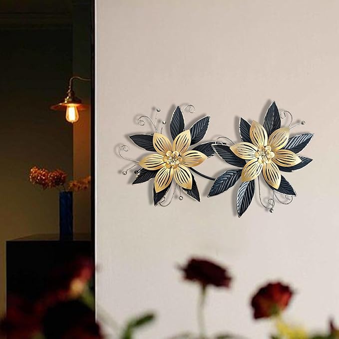 LIFFY Black Wall Decor,15" 3D Multi-layer Metal Flowers Wall Decor, Rustic Modern Floral Sculpture for Indoor Kitchen Bedroom Living Room Office Outdoor Garden Patio