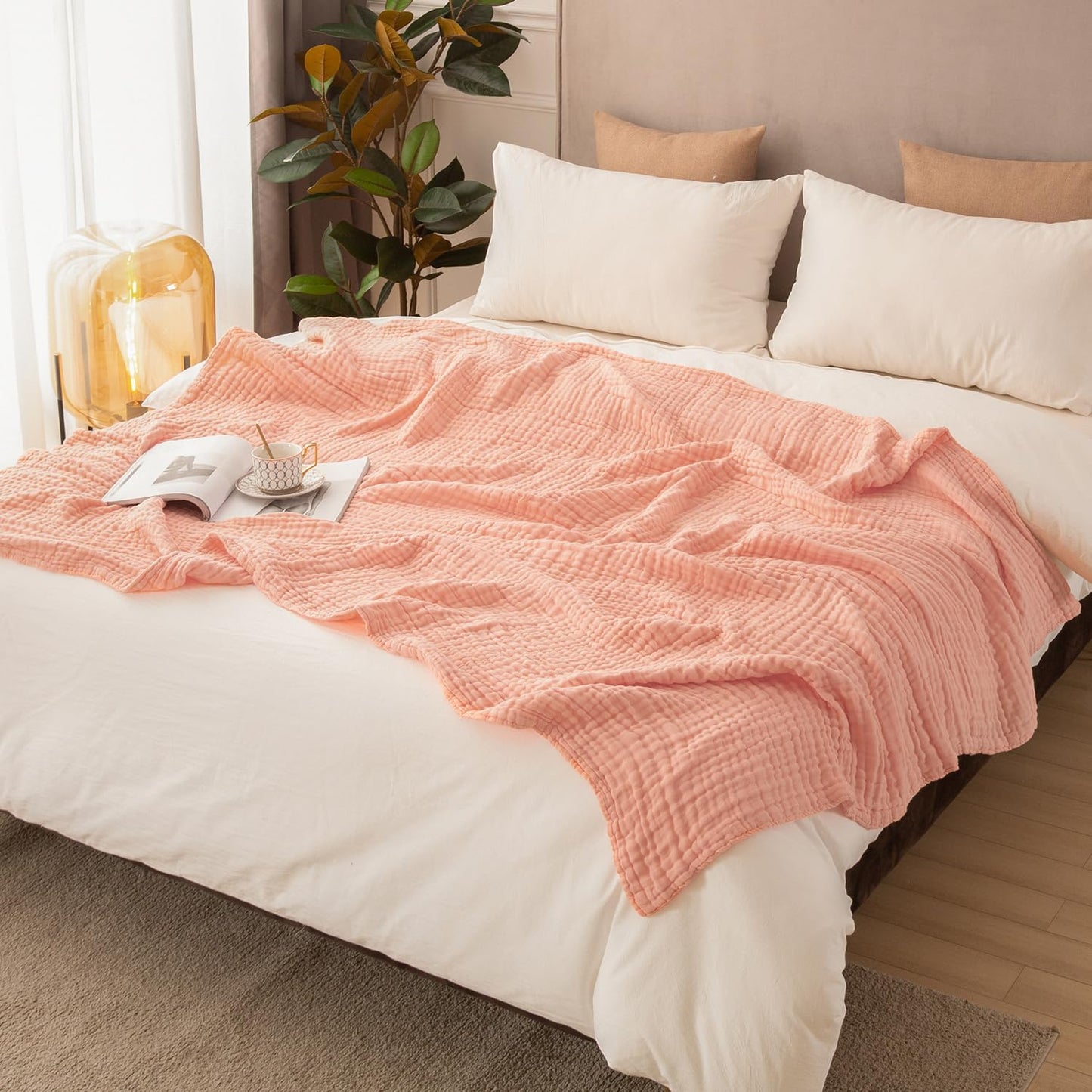 EMME Cotton Blanket Queen Size for Bed Soft Large Muslin Bed Blankets 90"x90" Lightweight Breathable All Season Gauze Blanket, Pink