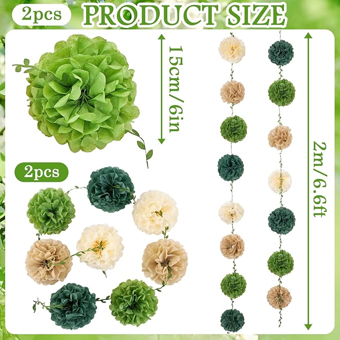 Paper Flower Garland, Saga Green, Light Beige and Cream Color Tissue Paper Flowers Party Decorations, Paper Flowers for Baby Shower, Garden Party, Wedding, Wall Decor, Spring Summer Decor