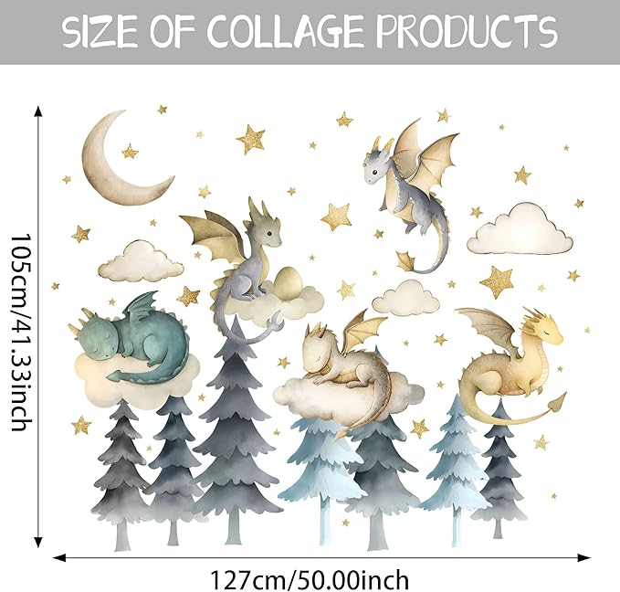 Dragon Wall Stickers,Peel and Stick Colorful Flying Dragon,White Clouds, Stars.Tree Self-Adhesive Mural，Removable Wall Sticker for Living Room Baby Nursery Kids Room Wall Decor (Large Dragon Decal)