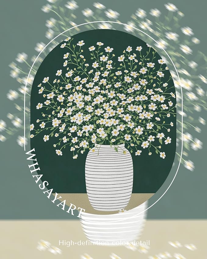 Vintage Framed Floral Wall Art 12x16 Inch, Minimalist White Daisy Flower in Vase Canvas Painting Print, Rustic Modern Green Botanical Artwork Living Room Bedroom Kitchen Bathroom Decor
