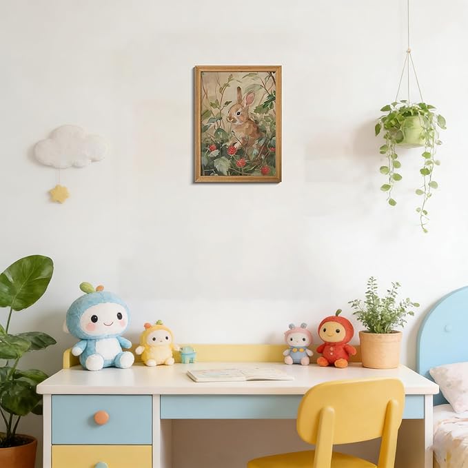 3D Textured Framed Vintage Easter Bunny Wall Art, Cottagecore Cute Rabbit Wall Decor Painting, Rustic Farmhouse Animal Sandstone Picture for Living Room Bedroom Easter Decor 12x16 Inch
