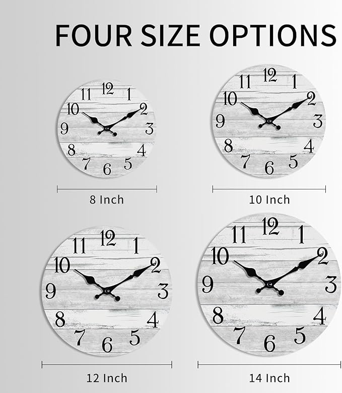 Wall Clock Battery Operated 14 Inch Large Gray Silent Non Ticking Country Rustic Design Vintage Retro Decorative for Bathroom Kitchen Bedroom