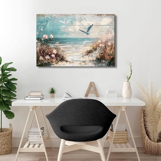 Blue Ocean Canvas Wall Art Coastal Picture Seagull Wall Decor for Bedroom Beach Poster Seabird Painting Pink Flower Picture Vintage Seascape Nautical Artwork for Kitchen Living Room Home Decor 24x36"