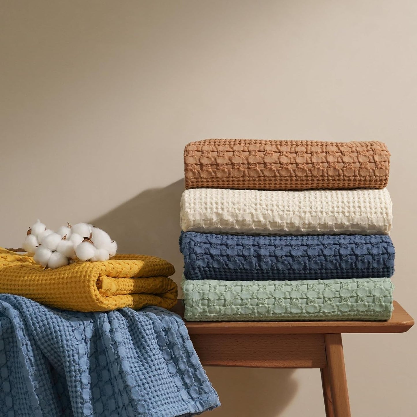 PHF 100% Cotton Waffle Blanket Oversized King 120"x120", Lightweight Breathable Extra Large 10'x10' Summer Blankets for Bed, Giant Big Luxury Aesthetic Woven Bedding for Home Decor, Oatmeal