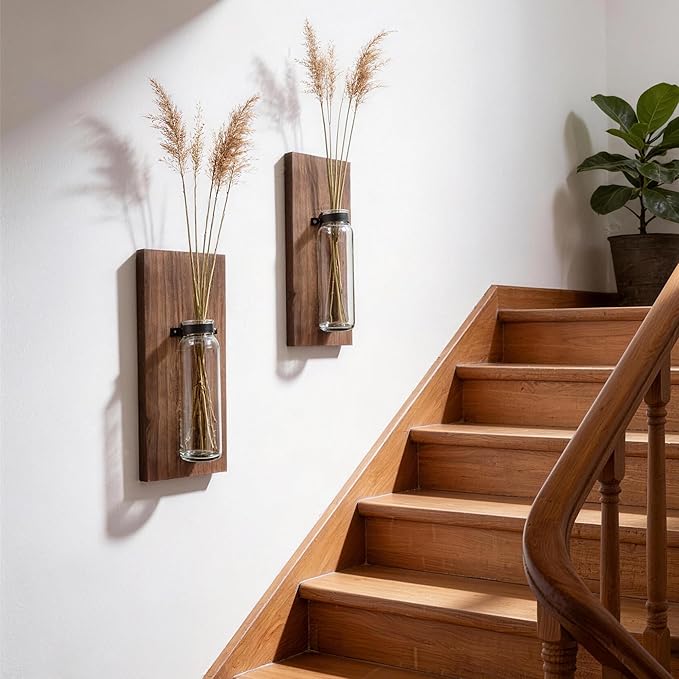 2 Pack Wood Glass Wall Sconces, Farmhouse Planters for Indoor Plants, Rustic Decor for Living Room, Hanging Vase (Brown)