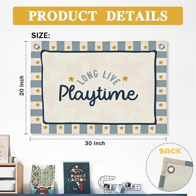 Playroom Wall Decor,Long Live Playtime Linen Canvas Banner,Navy Blue Toddler Playroom Decor Kids Room Nursery with Star Pattern Wall Decor for Toddler Boys Toy Room Bedroom,30x20 Inch
