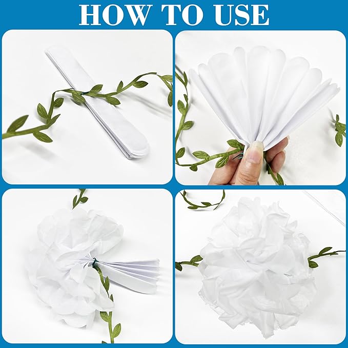 Blue White Party Decorations Ombre Blue Tissue Paper Flowers Pom Pom with Leaf Ribbon Hanging Garland Streamer for Birthday Baby Shower Wedding Under The Sea Nautical Ahoy Achor Party Supplies