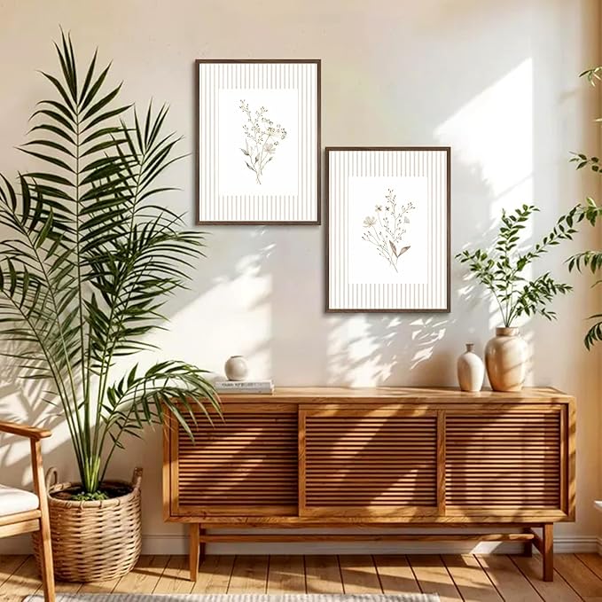 2Pcs Neutral Wildflower Wall Art Vintage Floral Botanical Canvas Wall Decor Watercolor Striped Boho Flower Bouquet Pictures Prints Posters for Bedroom Farmhouse Wall Decor 16X24 Inch Unframed