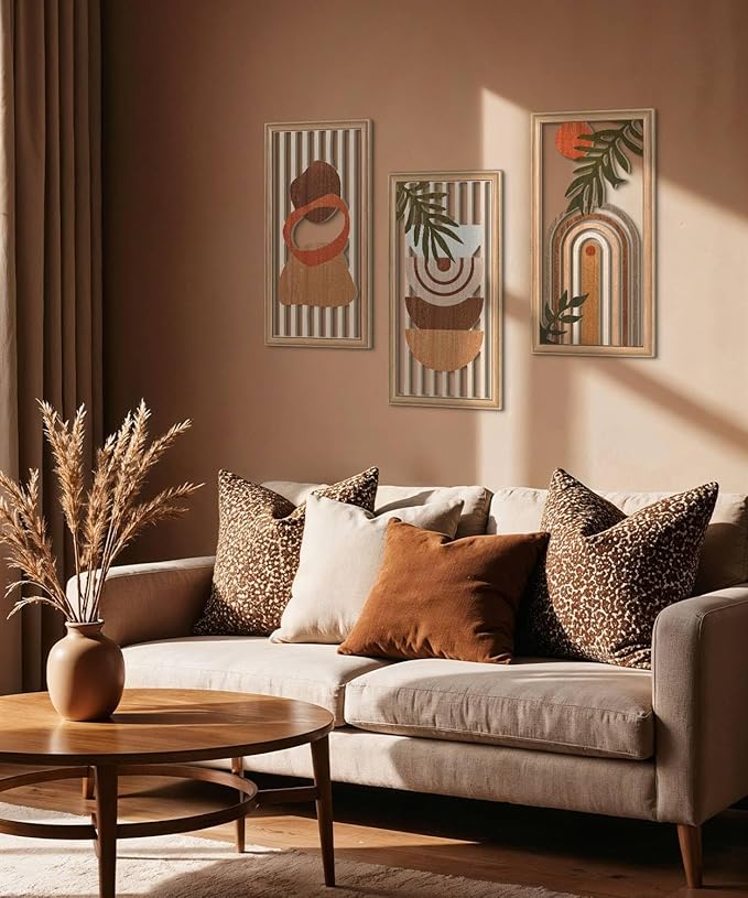 Putuo Decor Boho Wall Art Set of 3, Modern Minimalist Wooden Wall Decor, Abstract Aesthetic Room Decorations, Mid-Century Modern Artwork for Living Room, Bedroom, Office Orange 16.5 x 8.6 inch