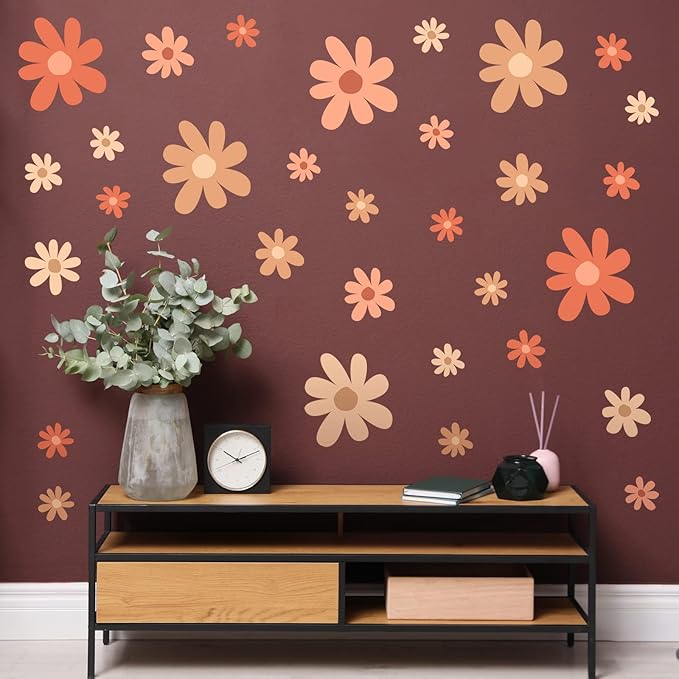 TaoBary 12 Sheet Daisy Wall Sticker Decal Removable Cute Daisy Bedroom Room Decor Flower Wall Sticker Pink White Flower Decal Wallpaper Peel and Stick for Nursery Home(Orange,Colorful Style)