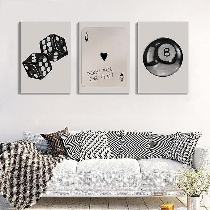 3Pcs Black and White Poker Dice Canvas Wall Art Funky Retro Y2K Trendy Preppy Pictures Lucky 8 Ball Poster Prints Artwork Painting for Game Room Apartment Dorm Aesthetic Decor 12x16in