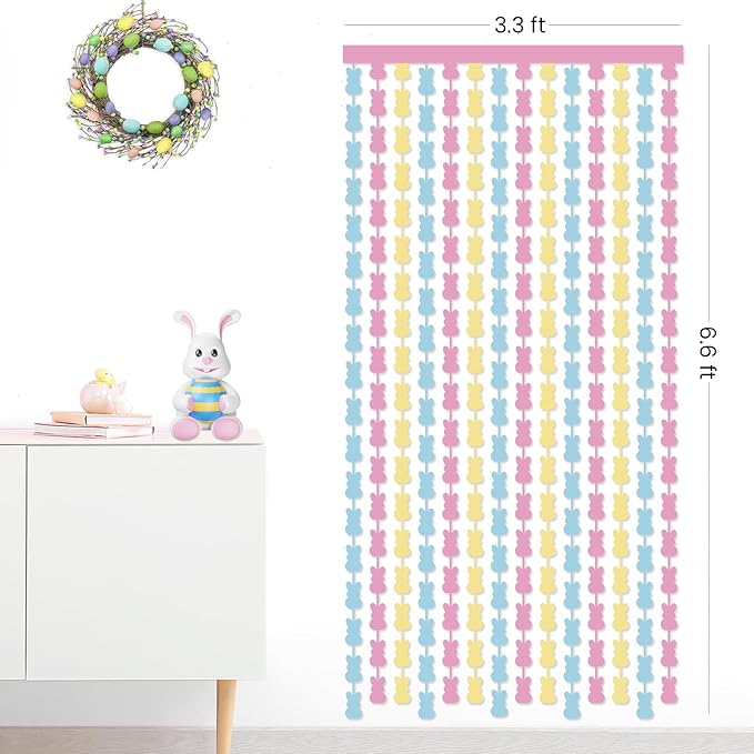 Easter Decorations Foil Fringe Curtains: 2 Pack 3.3 X 6.6 ft Pink Yellow Blue Bunny Rabbit Tinsel Backdrop Photo Booth Prop Streamers for Wedding Anniversary Birthday Easter Party Decor
