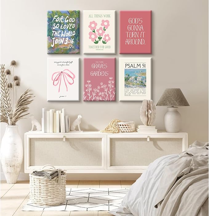 Christian Wall Art Coquette Aesthetic Decor Poster Pink Bow Canvas Wall Art Bible Verse Scripture Poster Religious Floral Prints Picture Christian Artwork for Living Room Bedroom 12x16x6 Ready to Hang