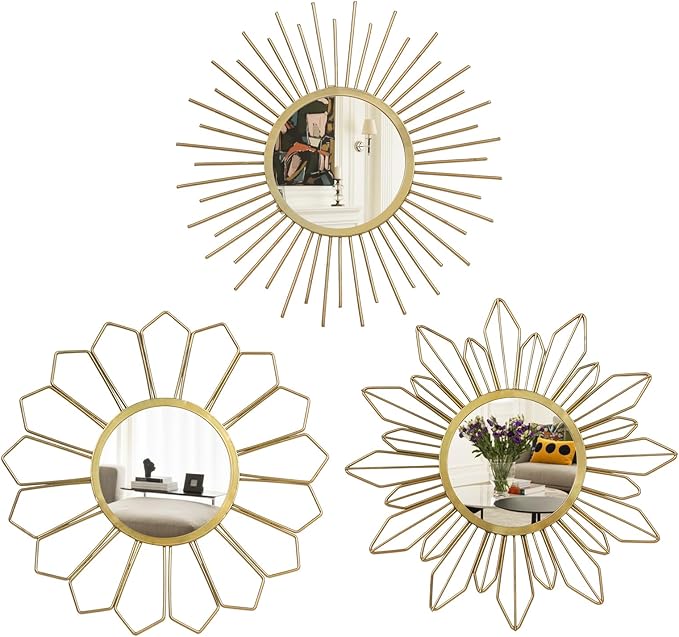 hogardeck Metal Mirrors Wall Decor - 3 Pcs 11" Metal Sunburst Flower Wall Mirrors Home Décor, Decorative Hanging Wall Art for Living Room, Bedroom, Kitchen, Bathroom, Entryway