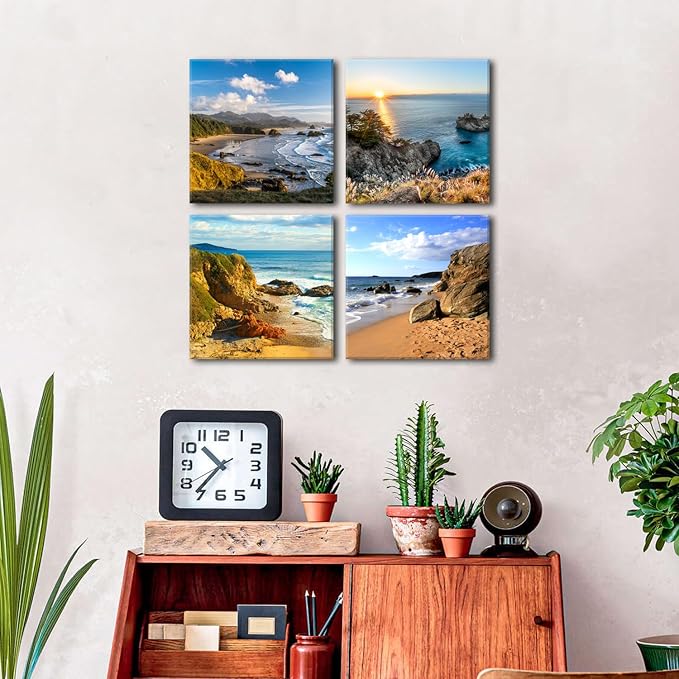 Beach Scene Canvas Wall Art Oregon Coast Landscape Pictures for Living Room Ocean Sunrise Wall Decor Nautical Seascape Paintings Framed Artworks Family Bathroom Bedroom Home Decorations 16x16” 4 Pcs