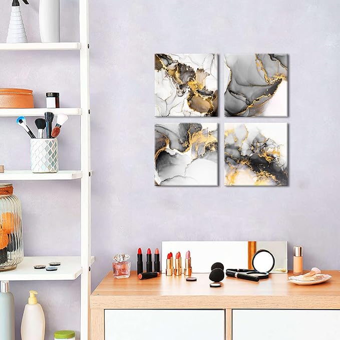Black and Gold Wall Art Abstract Marble Artwork for Walls Ink Texture Canvas Prints Painting Living Room Bathroom Decor Contemporary Fluid Lines Pictures Bedroom Office Home Decorations 12x12” 4P
