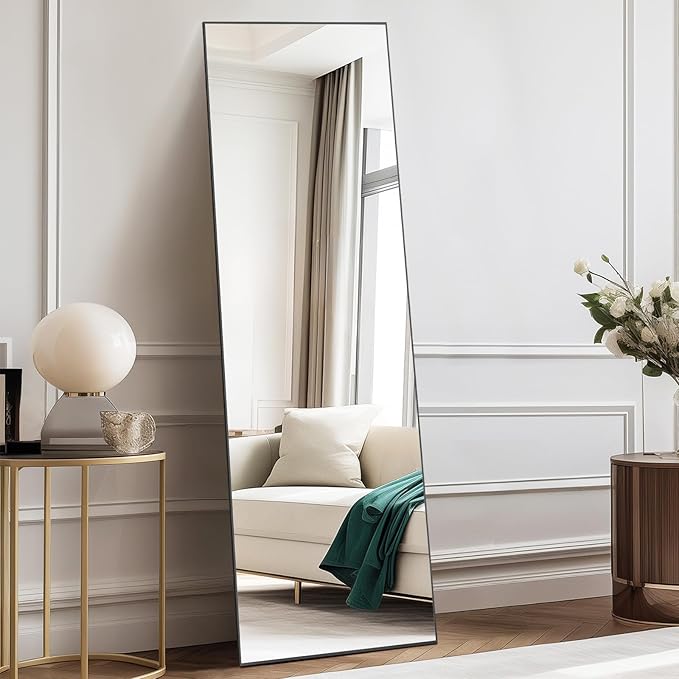 DUMOS Full Length Mirror with Stand Floor Standing Aluminum Frame for Bedroom Body Hanging Leaning Modern Simple Home Decor Shatter-Proorf Nano Glass Wall Living Room Cloakroom Black 59"x16"