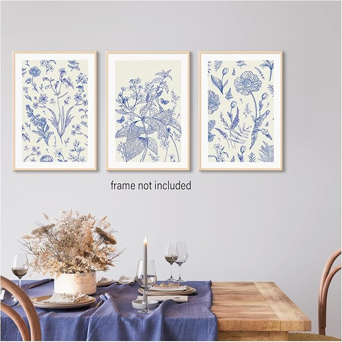 LYPHNX Blue White Chinoiserie Floral Poster Wall Art Navy Watercolor Flower Canva Painting Set of 3 Minimalist Botanical Wildflower Prints Picture Home Decor for Bedroom Living room 12"x16" UnFramed