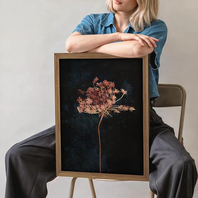 2Pcs Framed Vintage Wall Art Prints, Retro Moody Floral Botanical Canvas Painting Farmhouse Decor, Black Dark Flower Picture Poster for Bathroom, Bedroom, Living Room, Gallery 12X16In