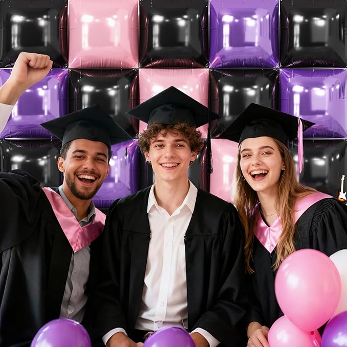 NISOCY 25PCS Purple Pink Black Square Foil Balloons Wall Backdrop Double Sided Black Pink Balloon Arch Kit for Birthday Baby Bridal Shower Carnival Cocktail Girls Theme Party Decoration