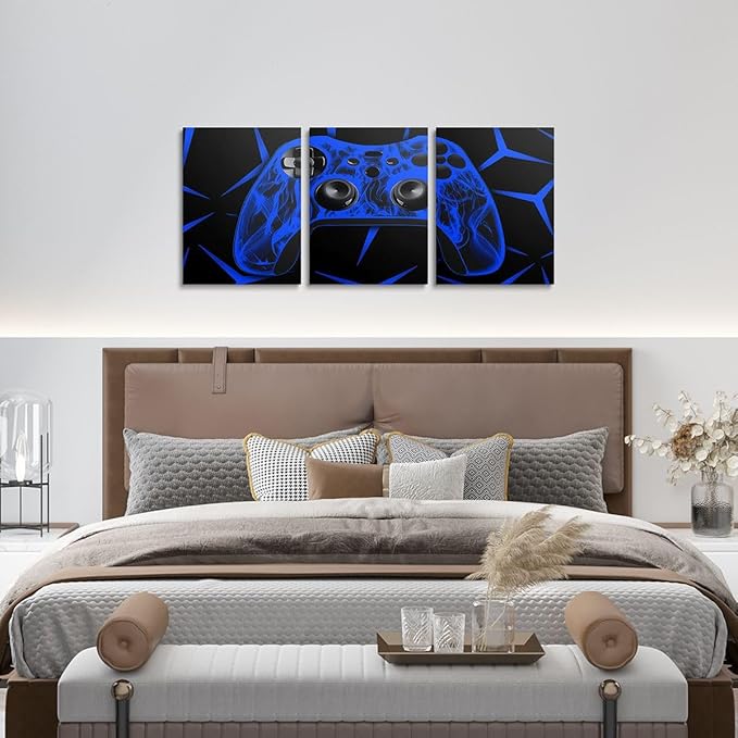 Feelyou Gamer Bathroom Wall Art for Home Decor Gamepad Canvas Wall Art for Bedroom Girls TeensGaming Gifts Office Wall Artwork Posters 12" x 16" 3 Piece Game Controller Blue Wall Painting