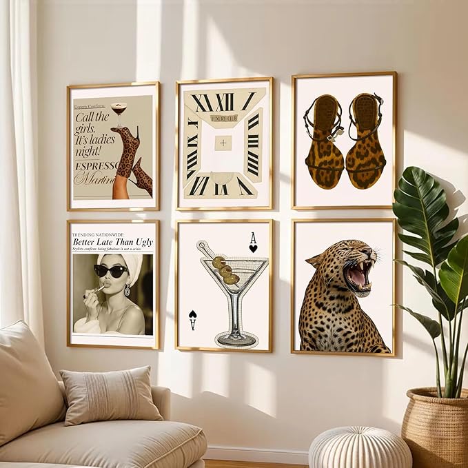 Mynotix Vintage Leopard Poster Set of 6, Trendy Cheetah Y2K Wall Art, Fashion Martini Wall Decor Preppy Girl Canvas Paintings Prints Artwork for Living Room Bedroom Dorm 12x16 inch Unframed