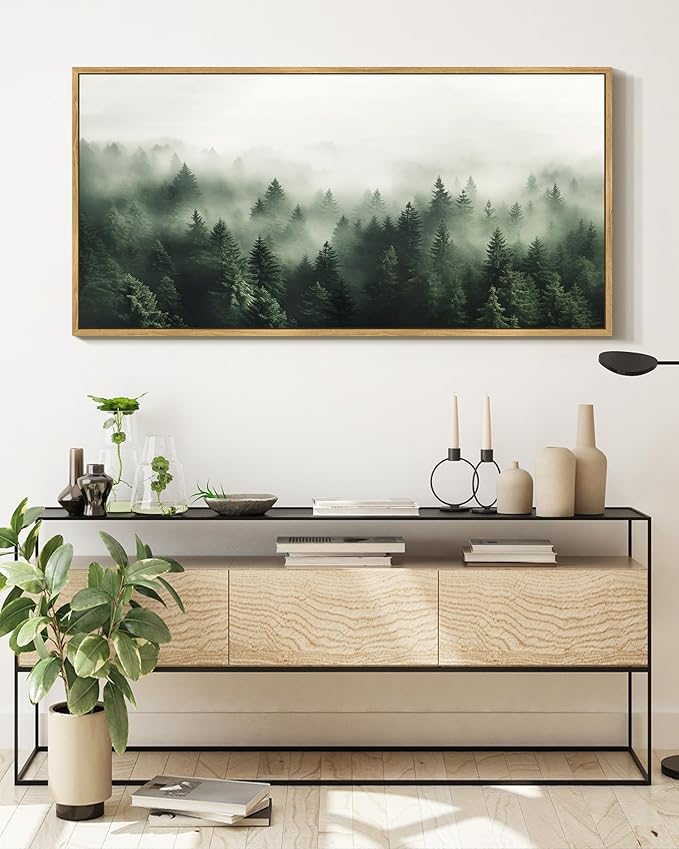 SHENIFY Green Fog Pine Tree Forest Vintage Framed Wall Art Modern Landscape Scenery Farmhouse Artwork Prints Decor for Hallway Bedroom Living Room Dining Room - 30x60in Natural Framed