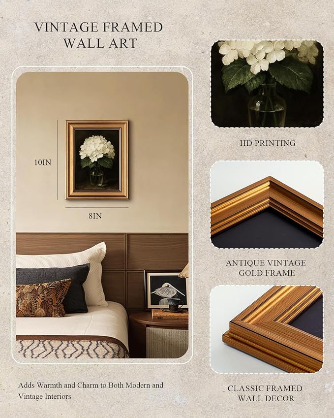 InSimSea Gold Framed Canvas Wall Art, Vintage Flower Wall Decor for Bathroom, Hydrangea Paintings Farmhouse Decor Aesthetic, Small Prints for Kitchen Bedroom Living Room Shelf Gift, 8x10inch