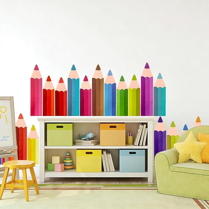 Colorful Pencils Wall Decals, 9 Sheet Color Pencils Wall Stickers Peel and Stick for Playroom Preschool Classroom Decorations